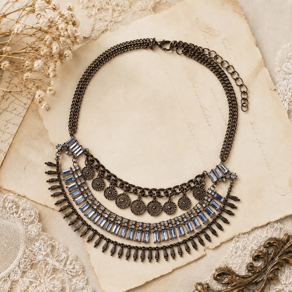 Vivi Layered Bib Necklace Rhinestone Fringe Antique Gold Tone Boho OS